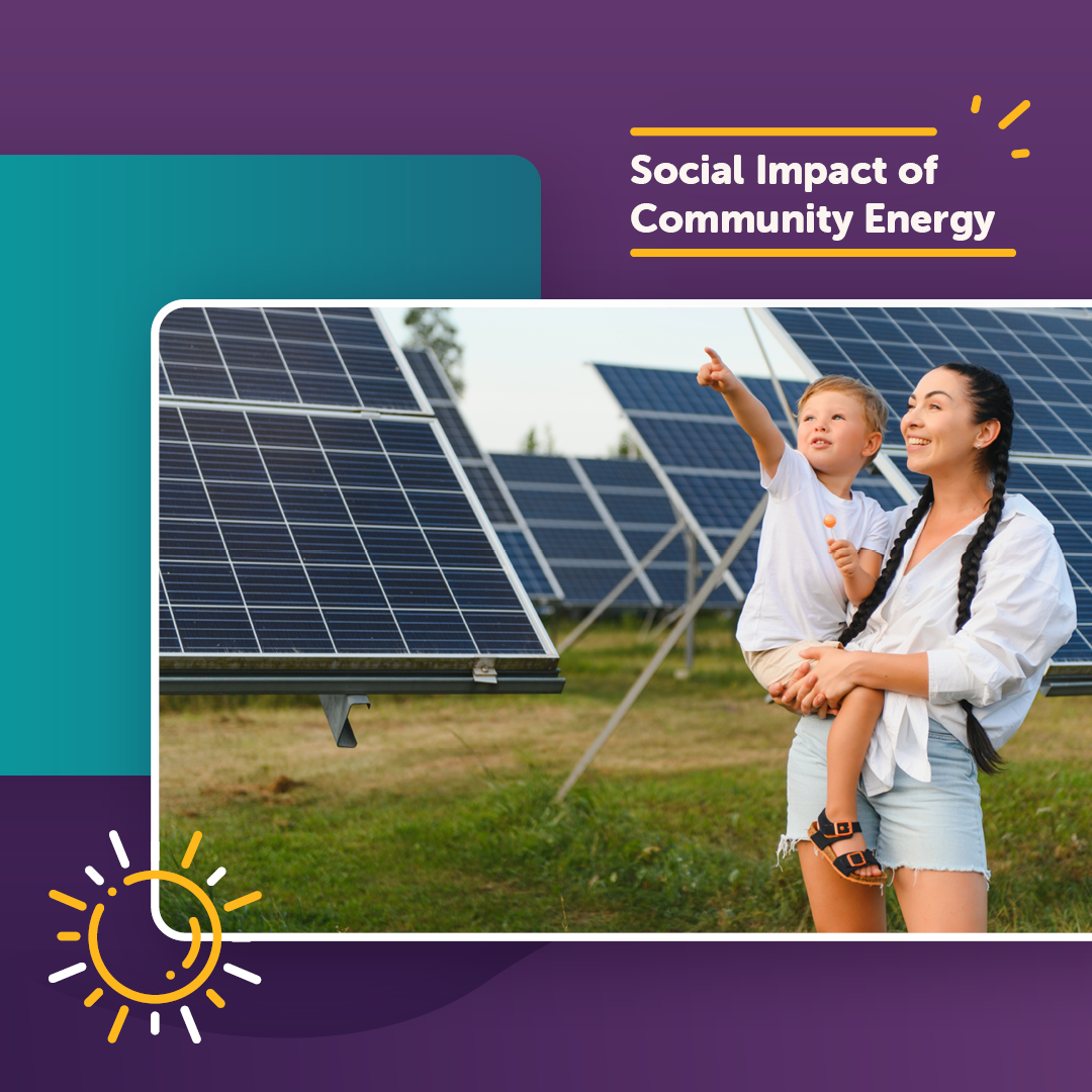 A social post with a purple background, and a photo over the top of it. There is a woman holding her child, who is pointing at the solar panels around them.