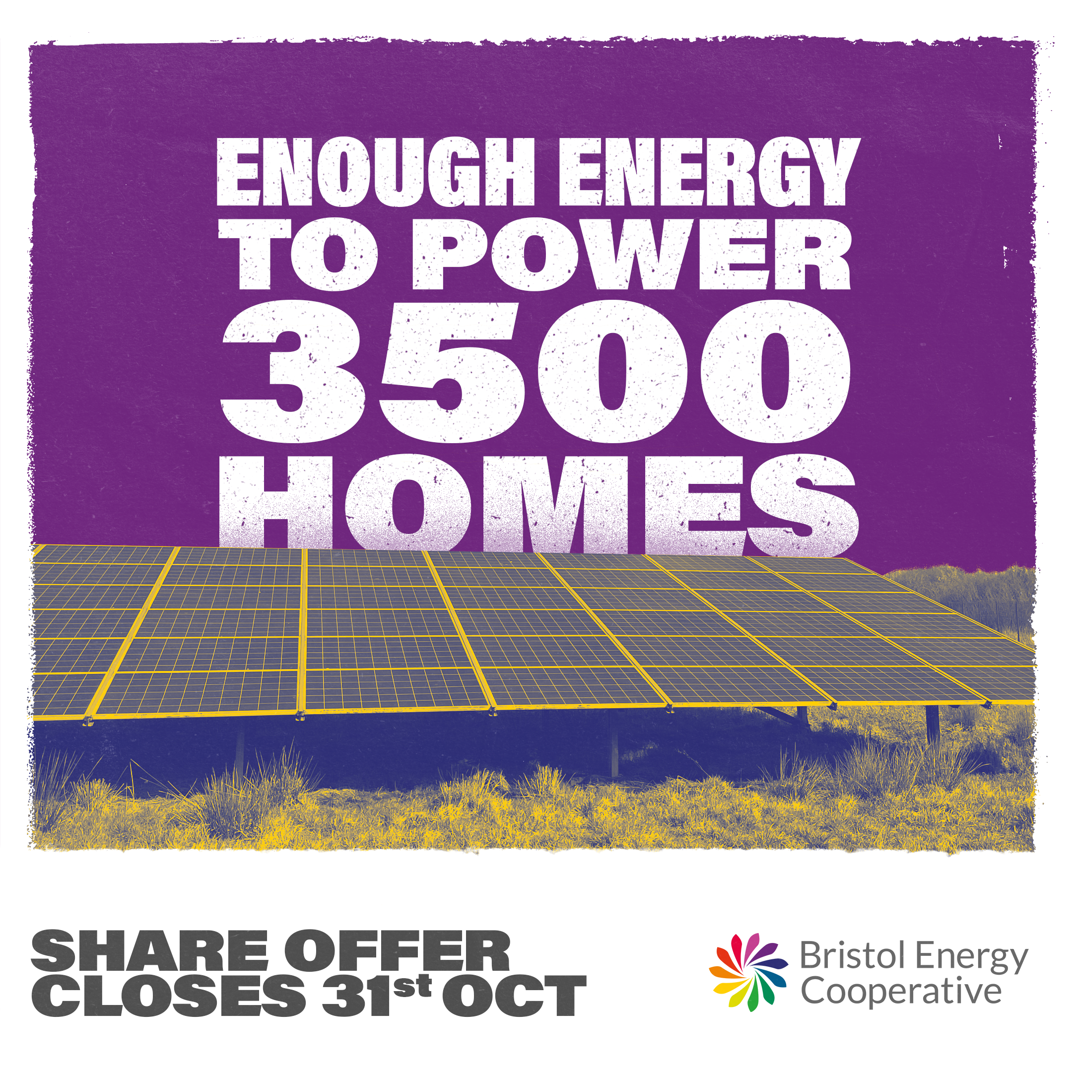 A social post shows a large panel of solar panels in a field. Behind the panels on a purple background it reads 'Enough energy to power 3500 homes'