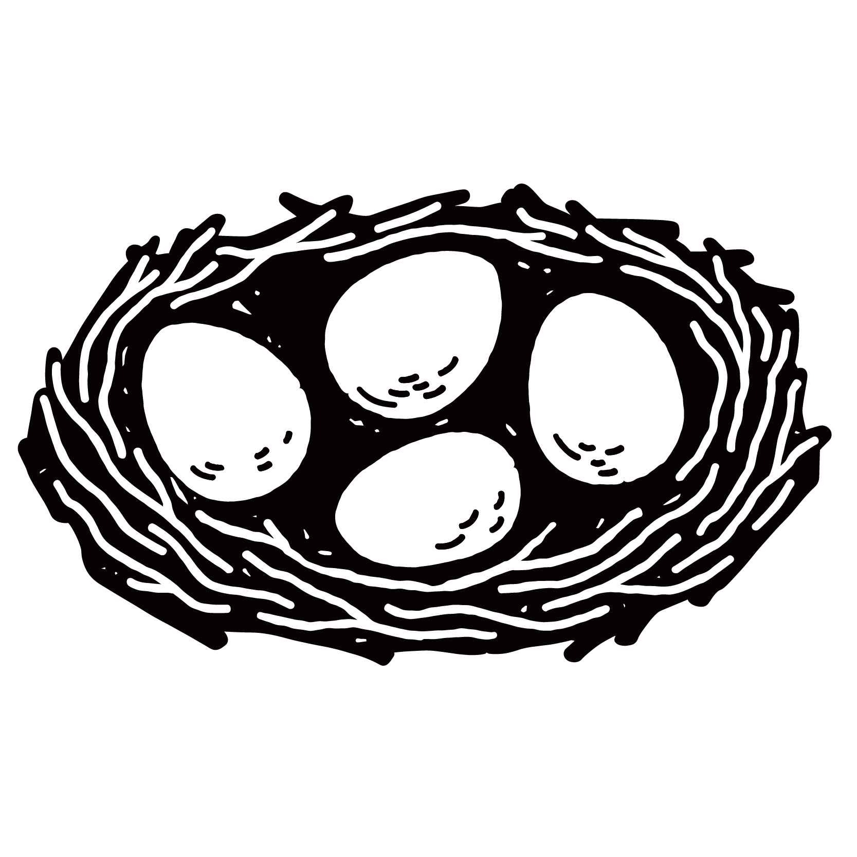 An illustration in black and white, of a birds nest. It has 4 eggs in it in a circle.