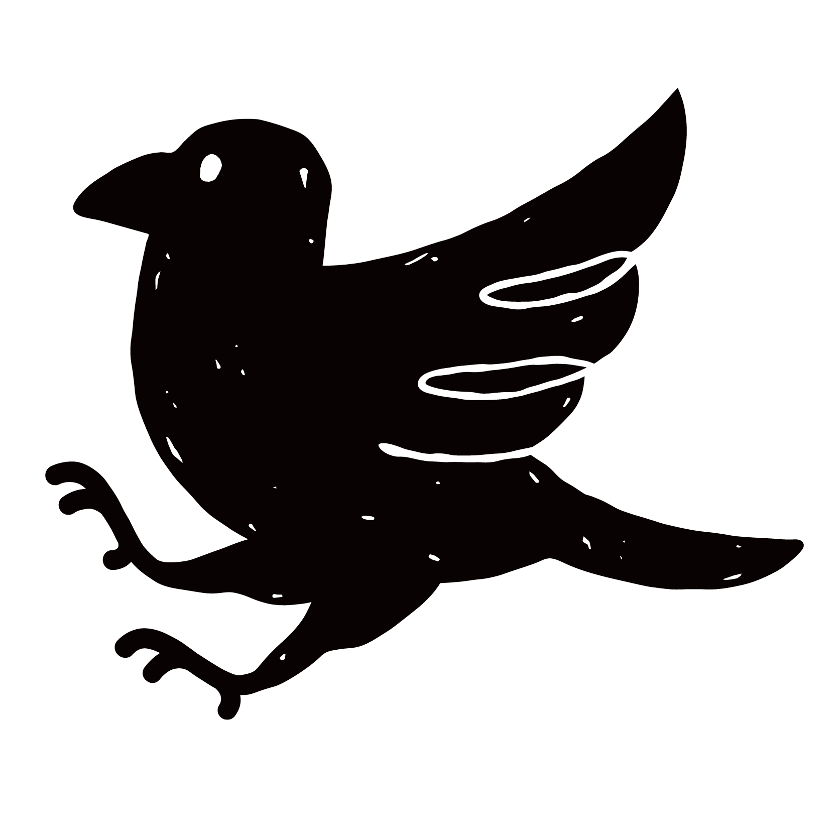 A black and white illustration of a bird. It is mid flight and flapping its wings.