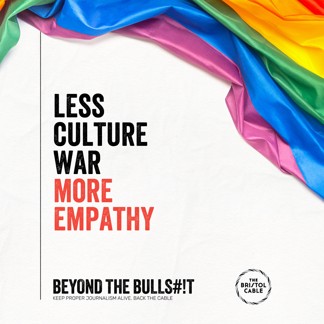 A social post, with a pride flag draped across the top of it. It reads 'Less culture war, more empathy'