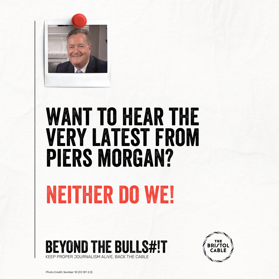 A social post shows a polaroid of piers morgan, and reads 'Want to hear the very latest from piers morgan? Neither do we'