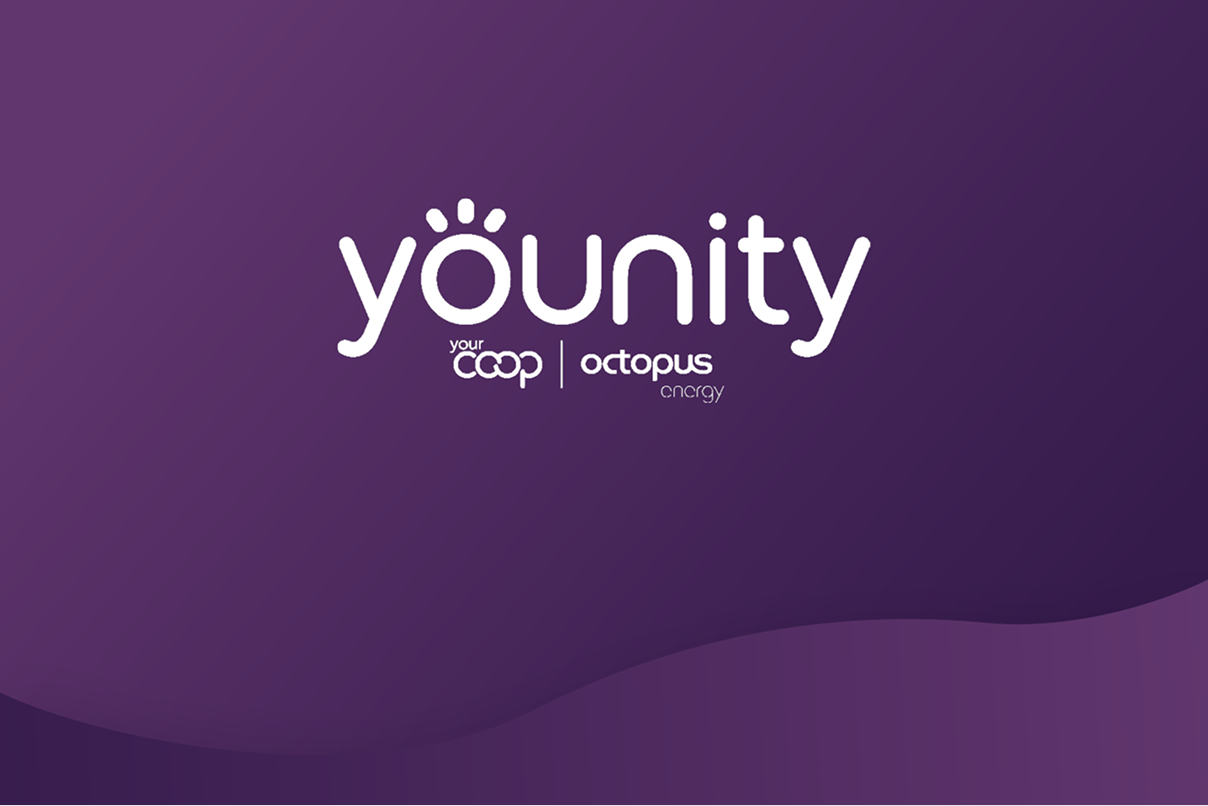 A purple background with a gentle wave graphic across it, has the logo for Younity on top of it. It also has the logos for the Coop and Octopus.