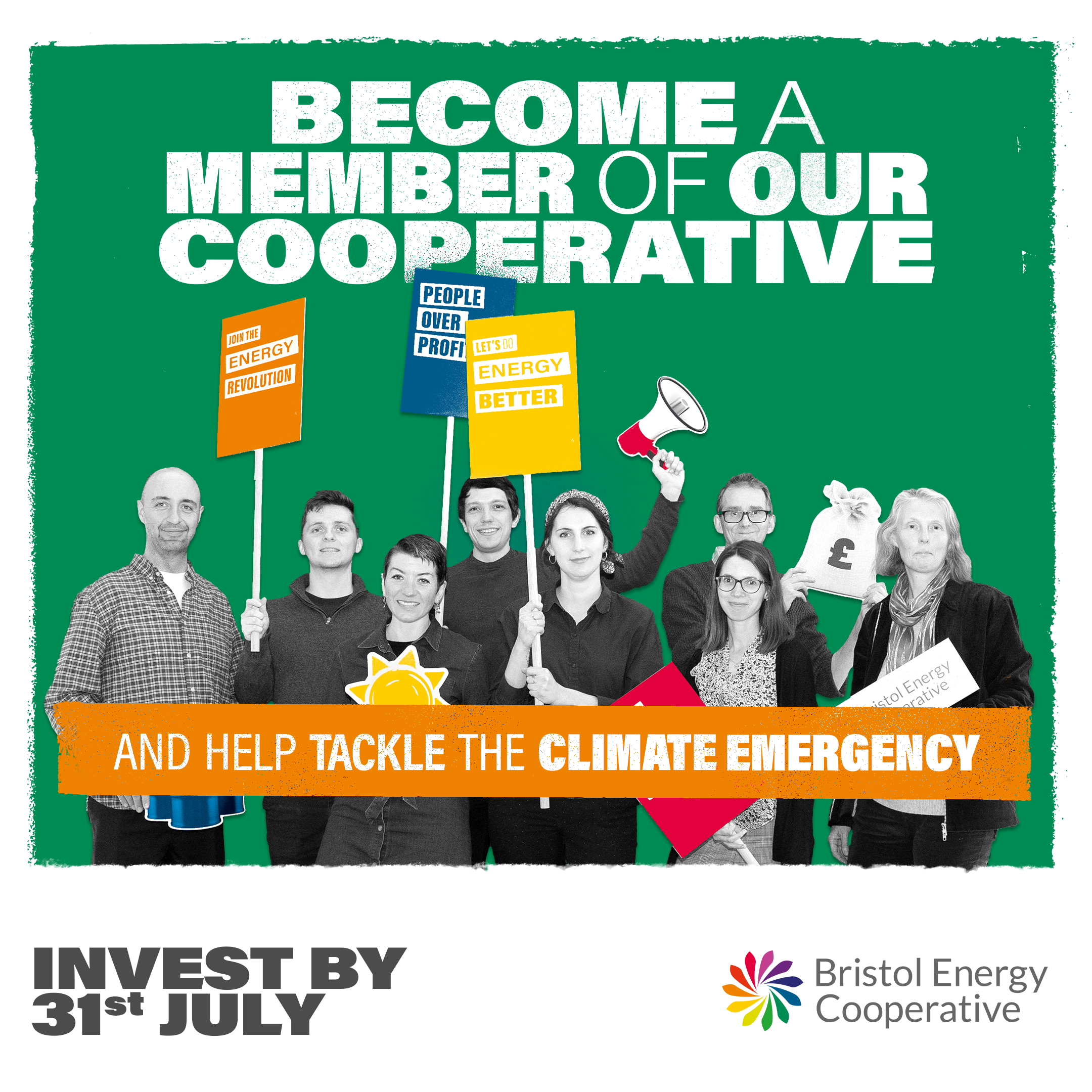 A social post shows a group of people holding placards and a loudspeaker. They are on a green background, and behind them it says 'become a member of our cooperative, and help tackle the climate emergency'