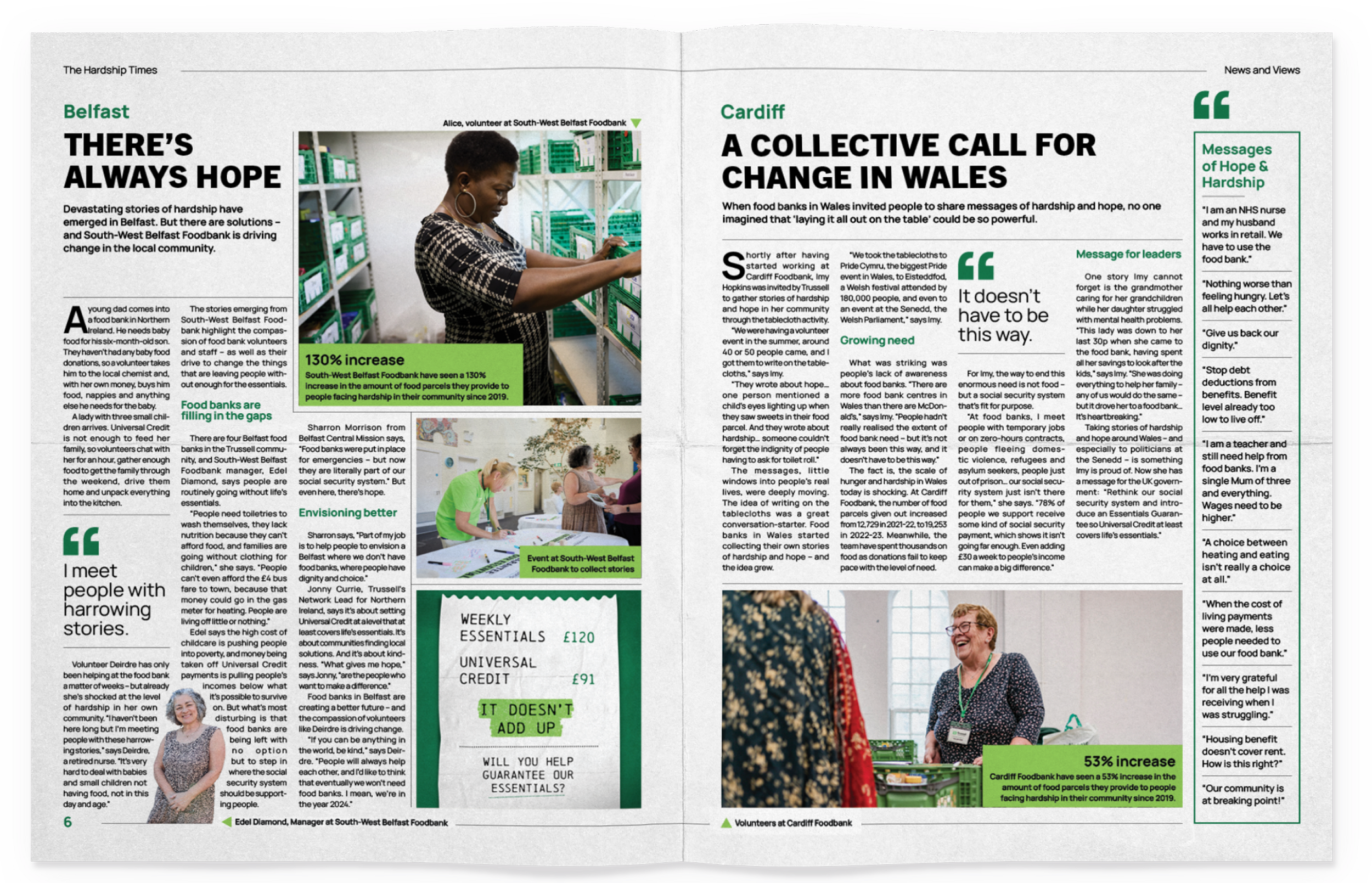 A center fold of a newspaper, showing information from different branches of Trussell. The ones featured are Belfast and Cardiff, and have photos showing people working to hand out food, or sort through shelves.
