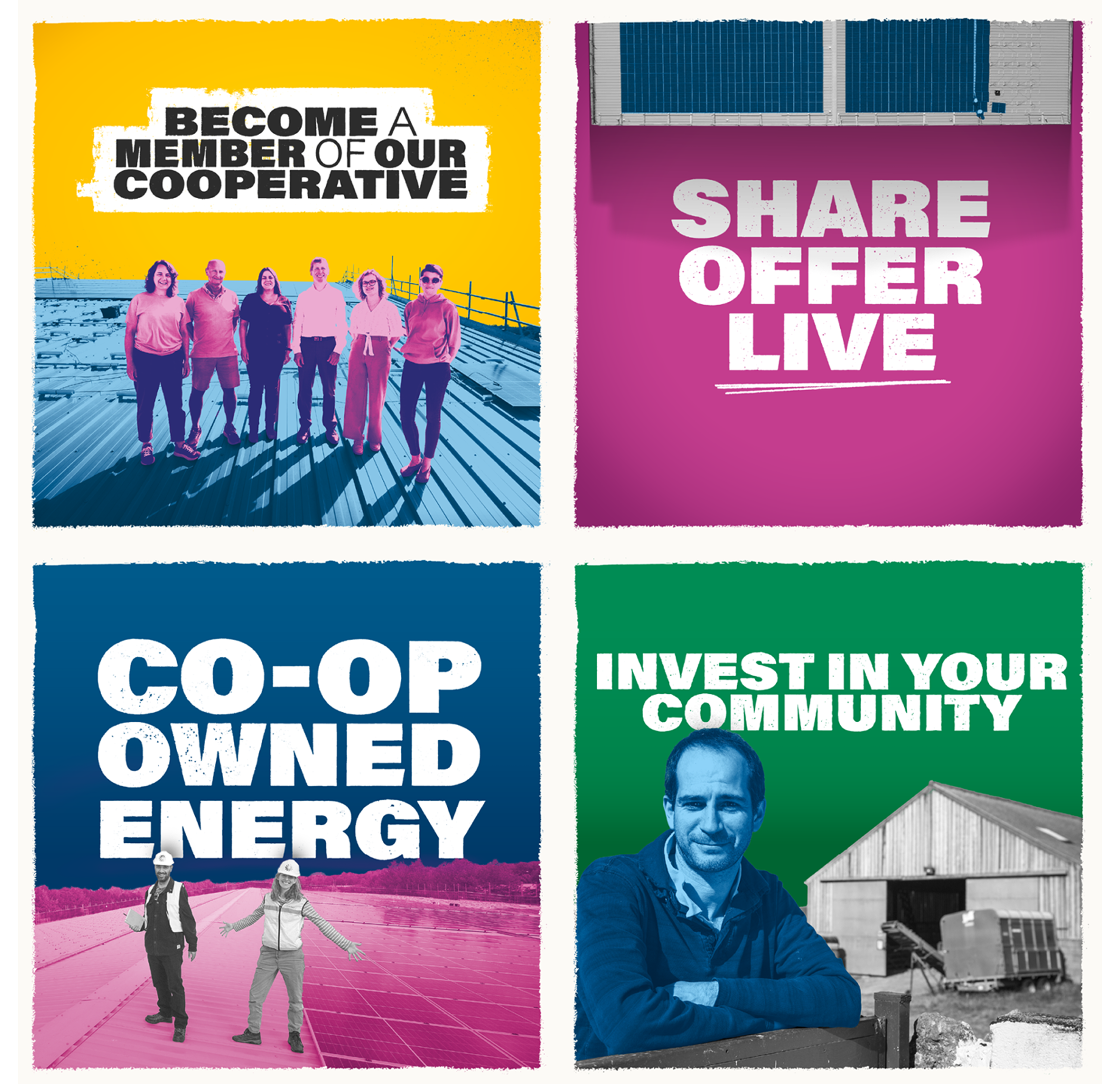 There are 4 social posts, advertising Bristol Energy Cooperative. They show slogans like "become a member of our cooperative' and 'invest in your community'. They are in bright jewel tones - pink, blue, green and yellow.