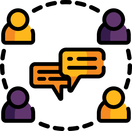 An illstration of four people icons in a circle, around a speech bubble in the middle. Its all coloured in yellow and purple.