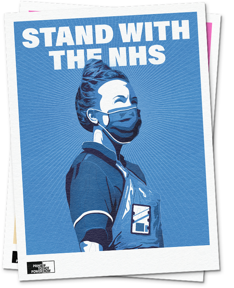 A stack of posters, and the one on the top shows an illustration of a nurse, with the slogan 'Stand with the NHS' behind her. The whole image is in various shades of blue.