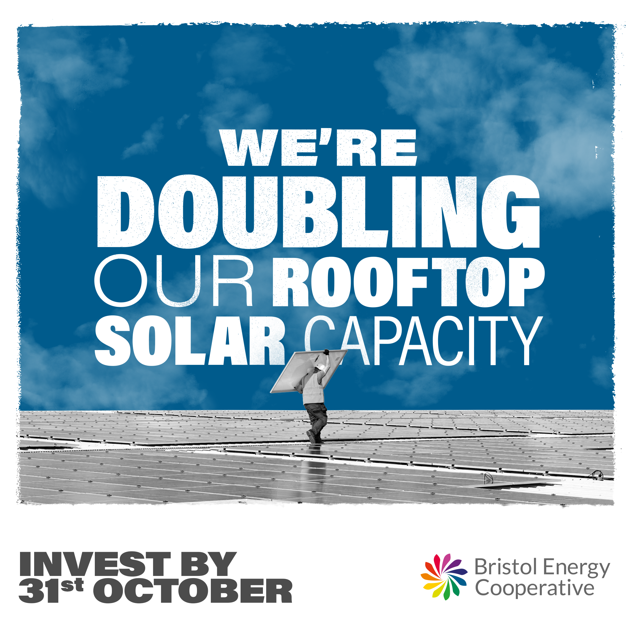 A social post shows a person working, carrying a solar panel across a roof. The sky behind them is blue and there's a large slogan across it which reads 'we're doubling our rooftop solar capacity'