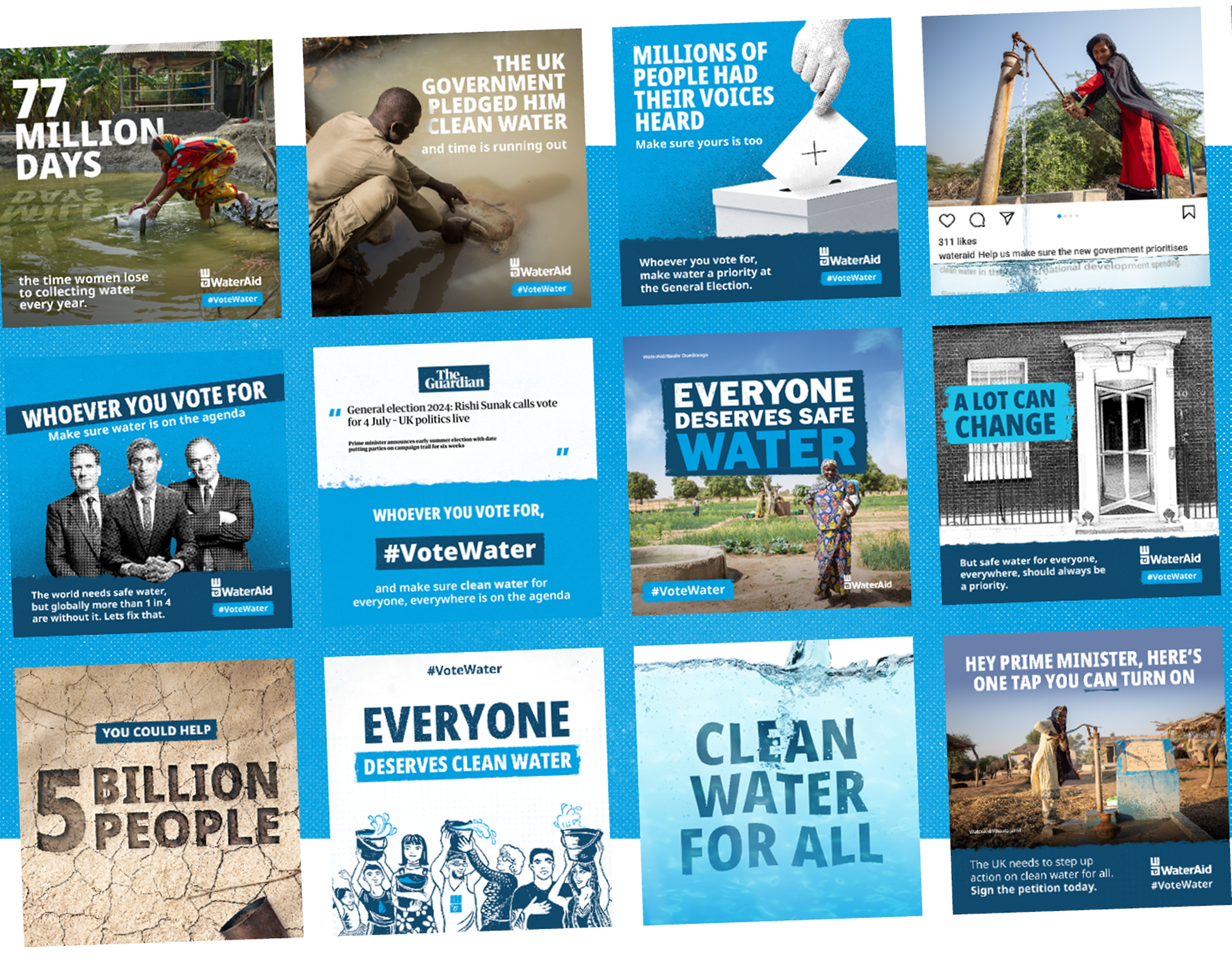 There is a selection of social posts for wateraid showing different campaign items - like people using water pumps, calls to the UK govt, clippings from news articles