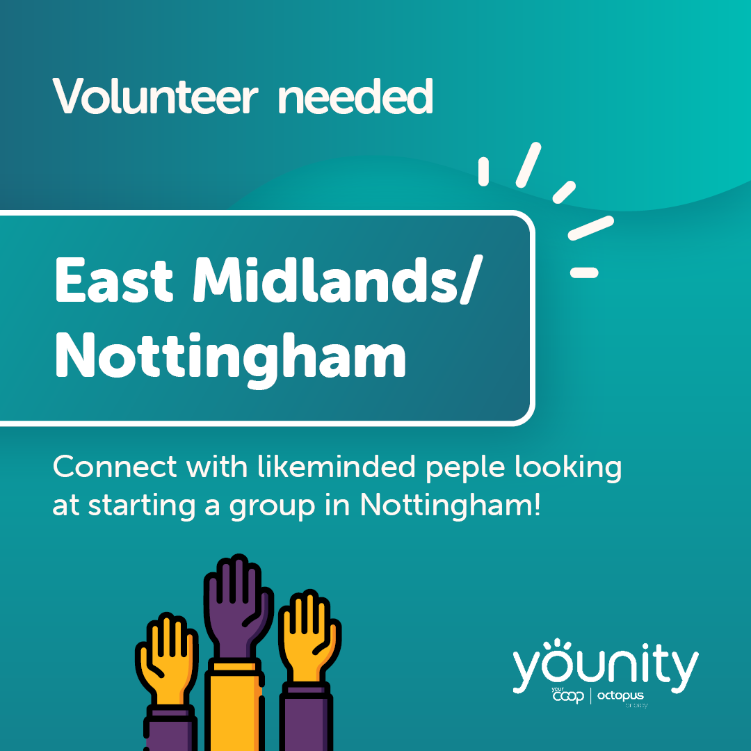 A social post with a blue background shows a text bubble which reads 'East Midlands, Nottingham - connect with likeminded people looking at starting a group in Nottingham'