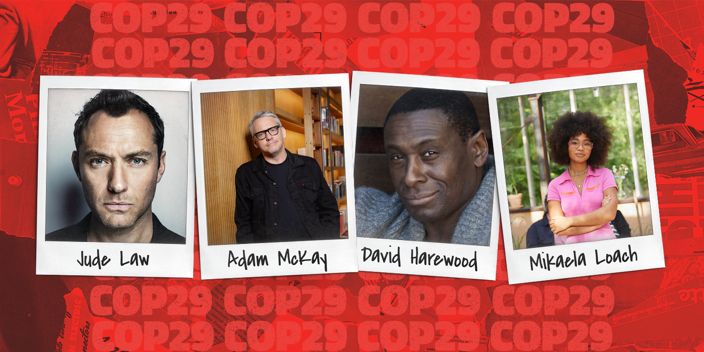 Four polaroids of Jude Law, Adam McKay, David Harewood and Mikaela Loach are spread across a red background showing the Cop29 logo