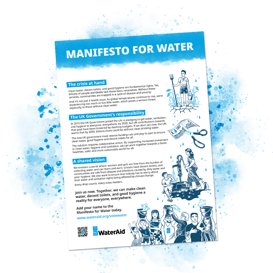 There is a sheet of paper outlining Wateraids manifesto for water. It has illustrations on it which show people carrying water or using water pumps