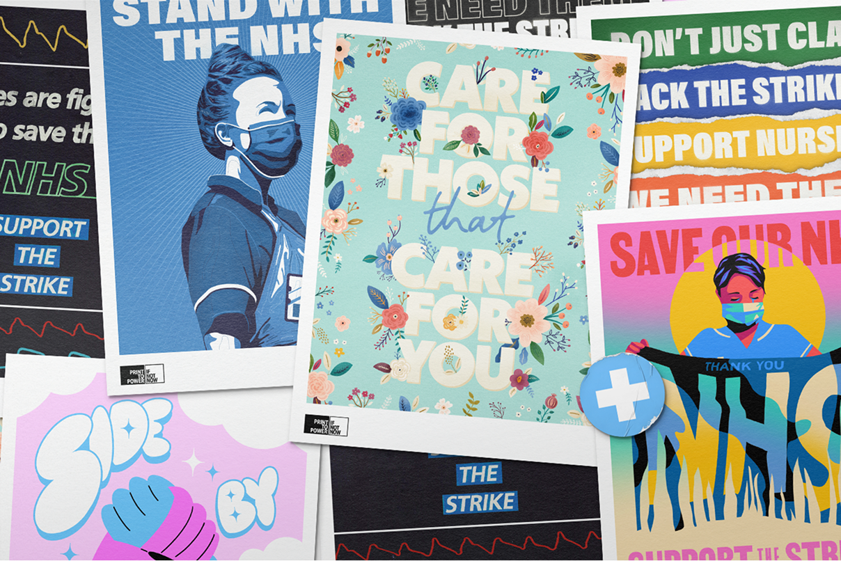 The background has various posters showing slogans to support the NHS. Theyre all decorated with vibrant illustrations and slogans like 'Save our NHS' and 'Stand with the NHS'