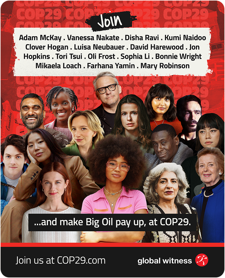 A social post showing a group of celebrities and public figures. Above them it reads 'Join (all their names) and make big oil pay up at COP29