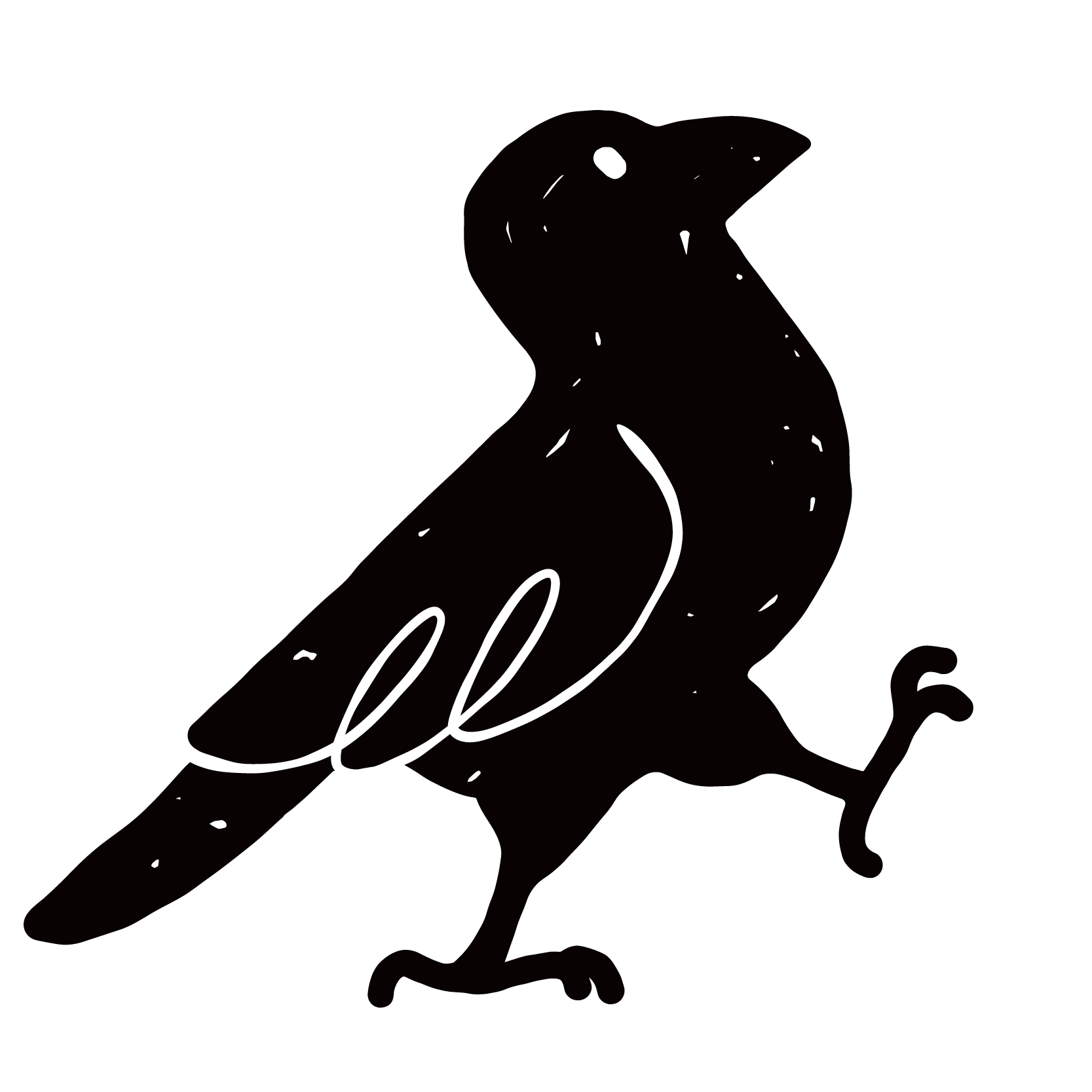 A black and white illustration of a bird, walking along with one of its feet up
