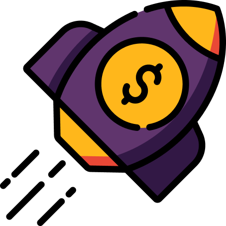 An illustration of a rocket, with a dollar symbol on it. Its all coloured in yellow and purple.