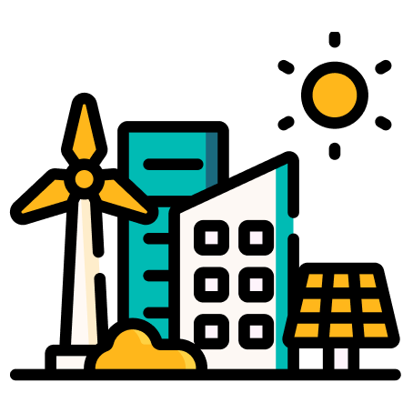 An illustration of two towerblocks between solar panels and wind turbines
