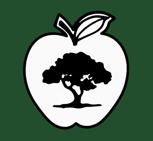 An apple with a silhouette of a tree inside it on a dark green background.