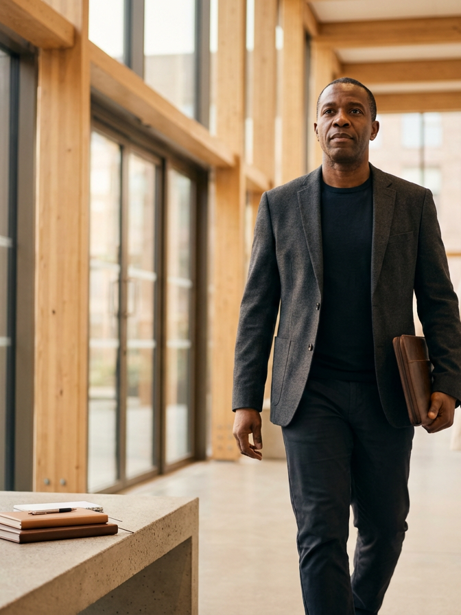 A man in business casual attire walking in a modern, wooden interior space holding a folder.