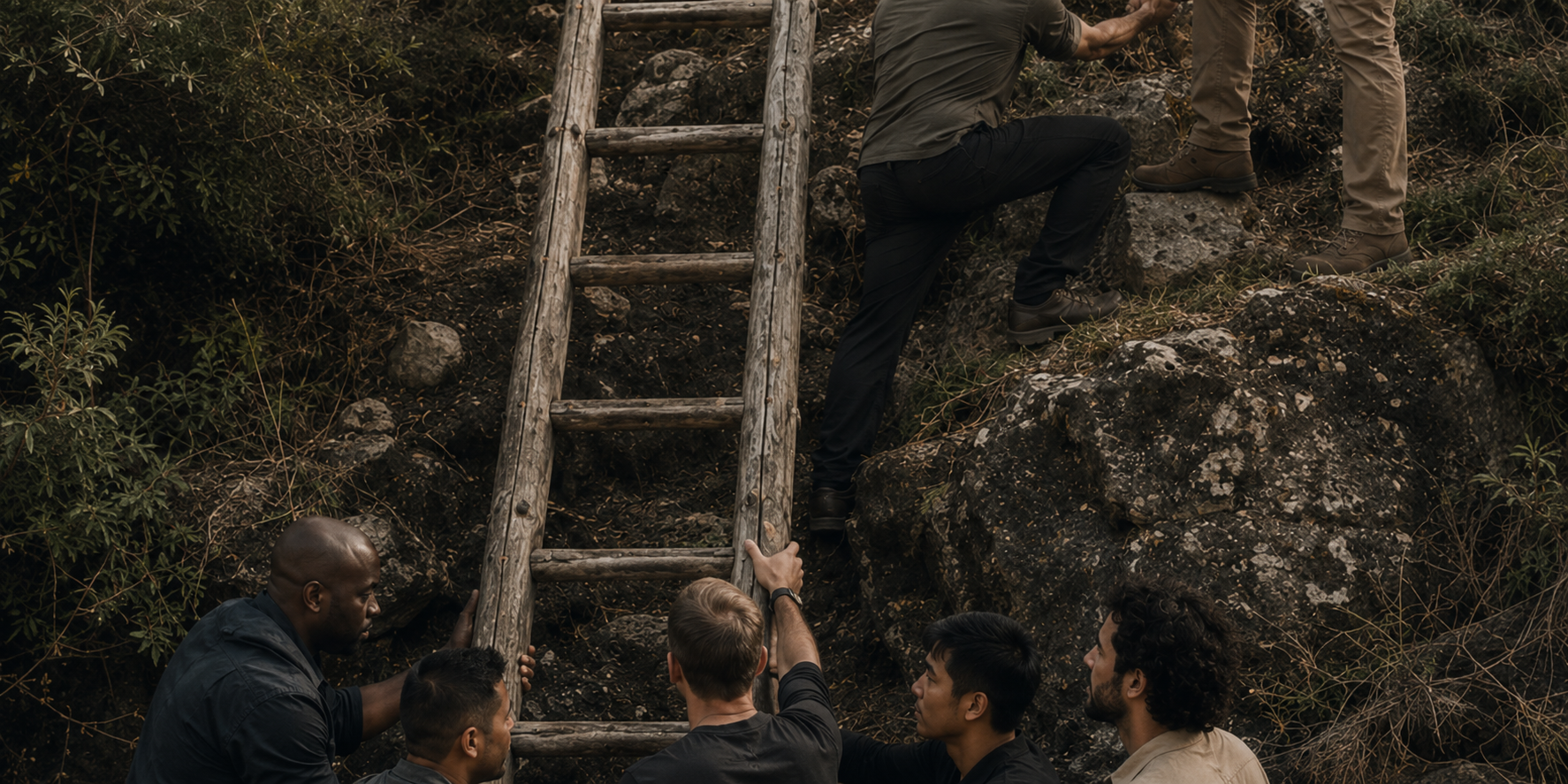 A group of people helping each other to climb a steep rocky hill using a wooden ladder and hands, surrounded by nature.