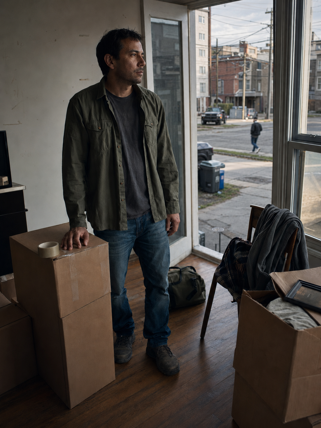 A man in casual clothing standing inside near the window, looking outside at a neighborhood street with cars and a person walking, surrounded by cardboard boxes and a living room setting.