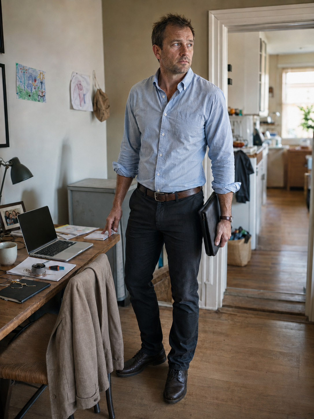 A man with brown hair and a beard, wearing a light blue button-up shirt with rolled-up sleeves, black pants, and black shoes, holding a black folder in his right hand, standing in a home office or kitchen area.