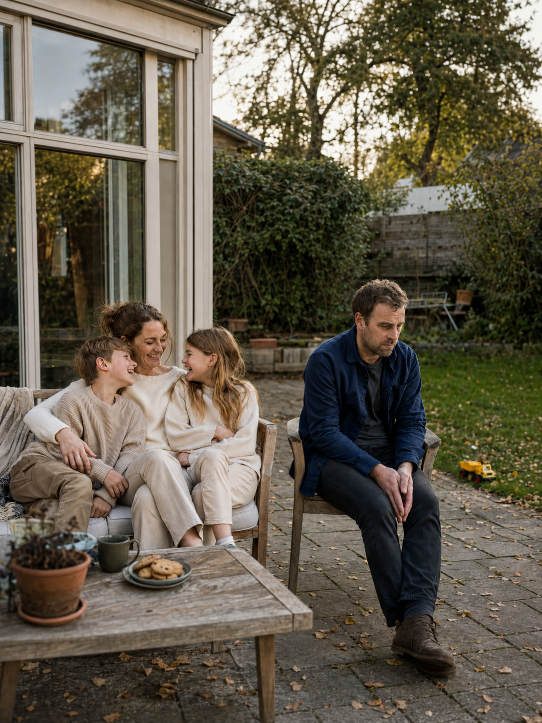 A family sits outside on a patio in the backyard. The mother and two children are smiling and laughing on a sofa, while the father sits alone on a chair with a sad expression. There are cookies and a plant on a wooden table, and a toy truck is on the ground nearby. Trees and bushes are in the background.