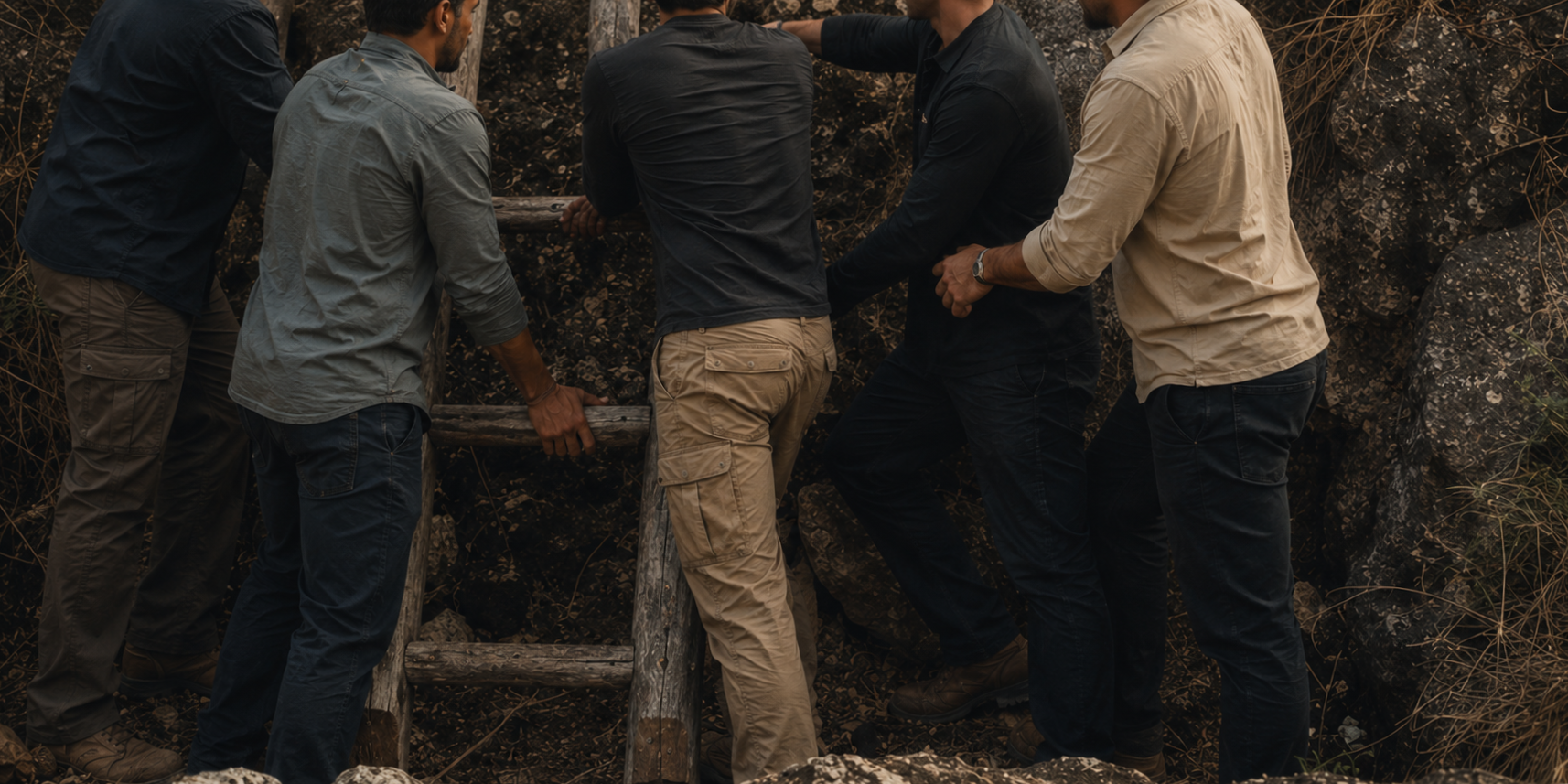 Men working together to support each other climb the ladder of alignment.