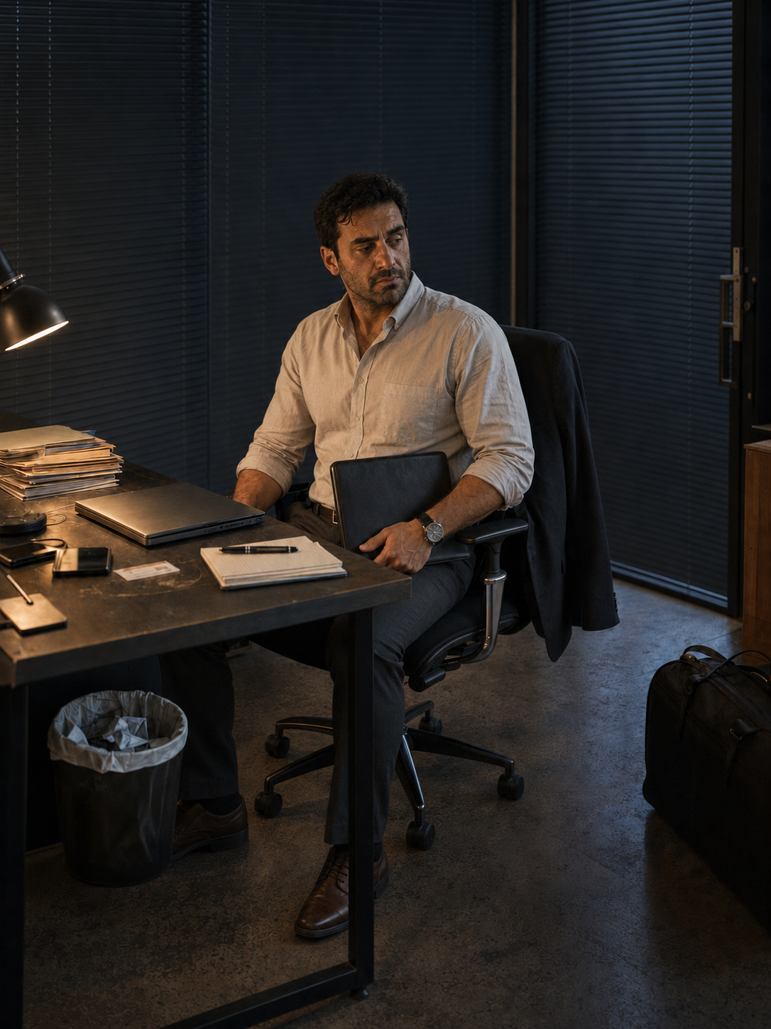 A man sitting in an office, holding a laptop and a notebook, with a serious expression, under dim lighting with black blinds.