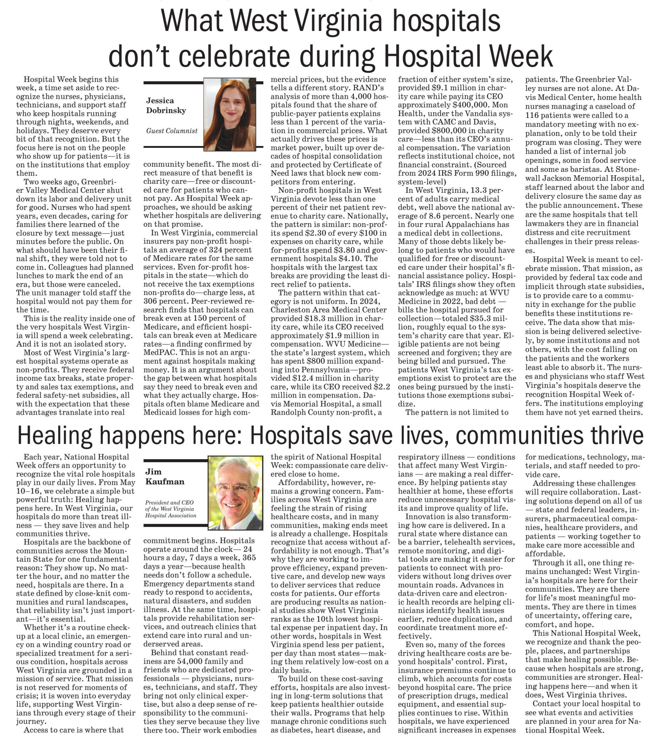 An article titled 'What West Virginia hospitals don't celebrate during Hospital Week' with photos of Jessica Dobrinsky and Jim Kaufman.