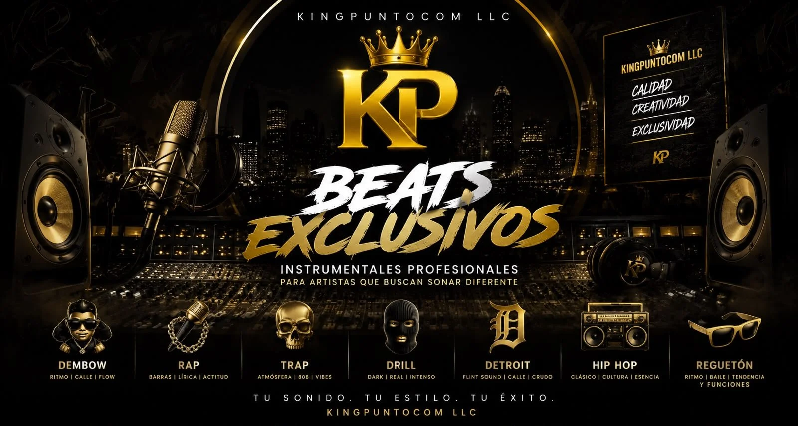 Publicidad de instrumentos musicales profesionales para artistas, con un fondo de ciudad nocturna, mostrador de audio y equipos de sonido, y personajes como Dembow, Rap, Trap, Drill, Detroit, Hip Hop y Regetón.