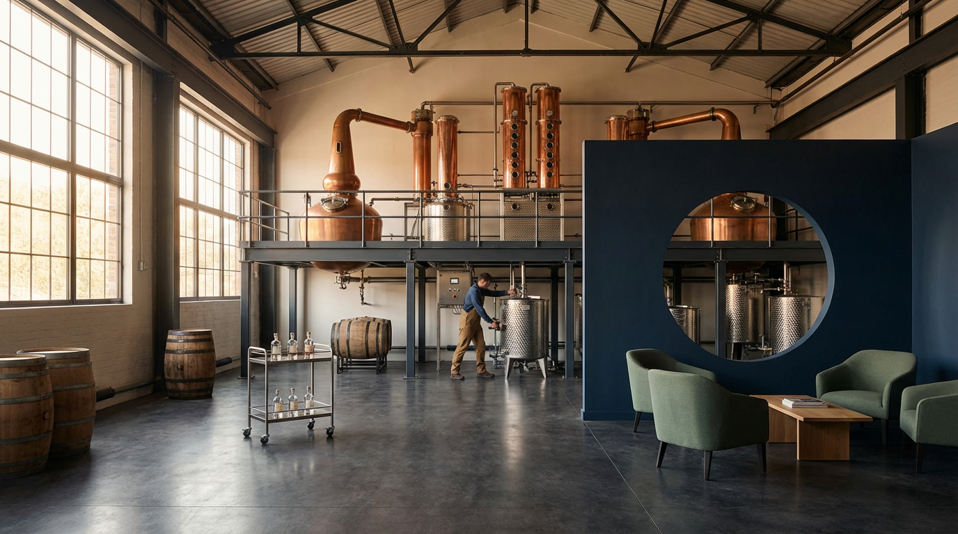Inside a distillery with copper stills, barrels, and a worker adjusting equipment. Modern seating area with green chairs and a dark blue partition.