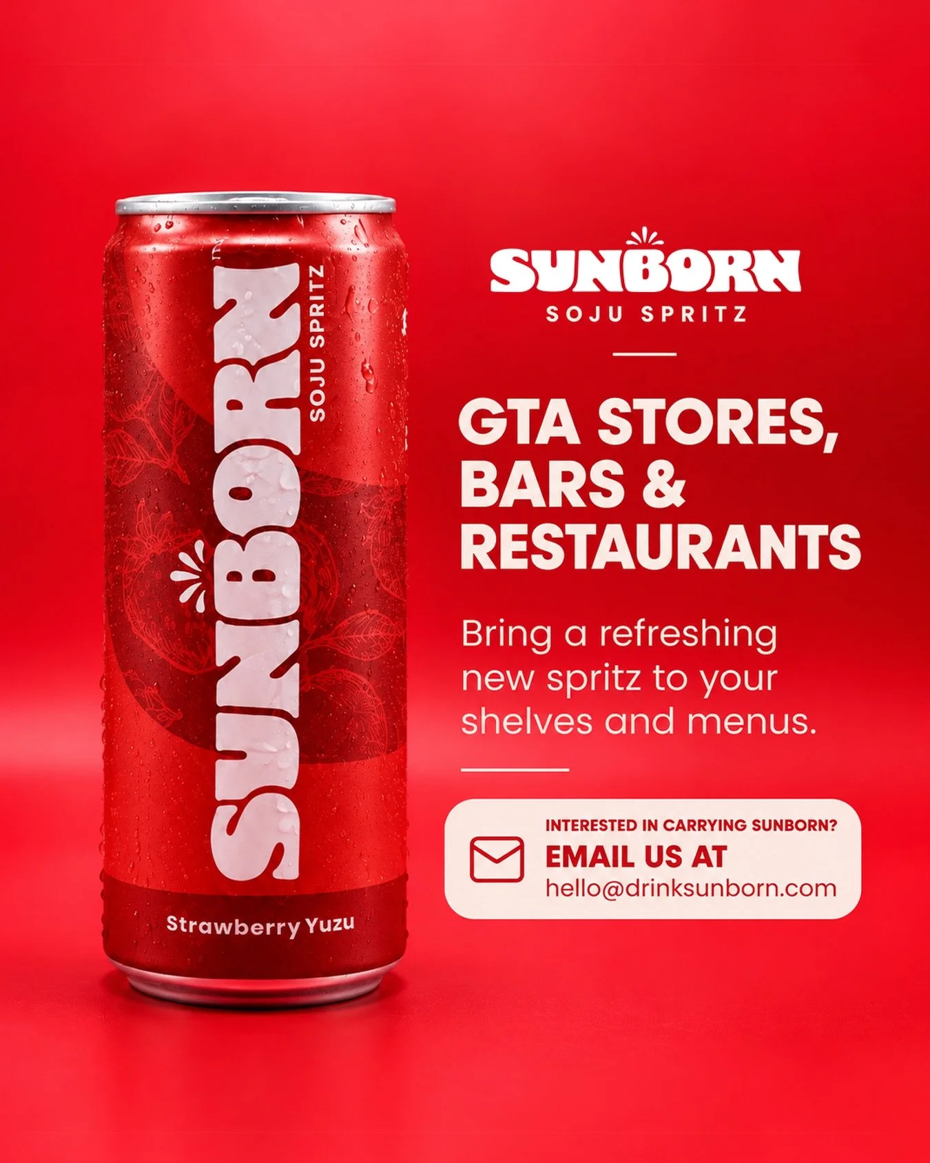 GTA bars, restaurants &amp; retailers, let&rsquo;s connect! 🍓☀️

Bring something fresh to your shelves or menu with Sunborn Strawberry Yuzu Soju Spritz!

📩 Interested in carrying Sunborn? Email hello@drinksunborn.com