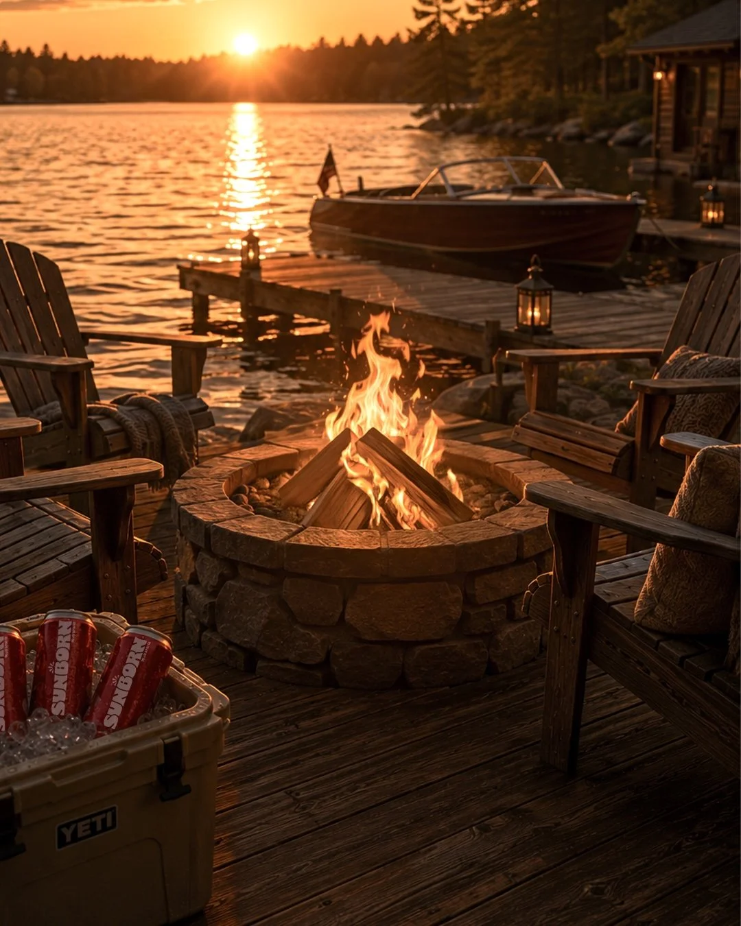 A cozy lakeside scene at sunset with a fire pit, two wooden chairs, a dock, a boat, and lanterns.