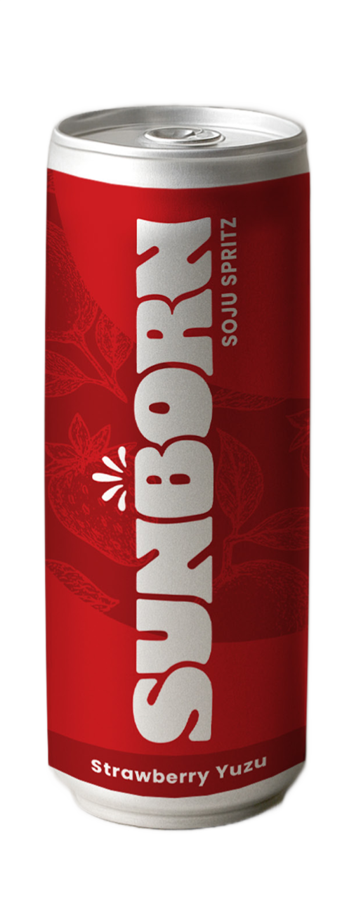 Can of strawberry yuzu flavored SUNBORN Soju Spritz beverage.