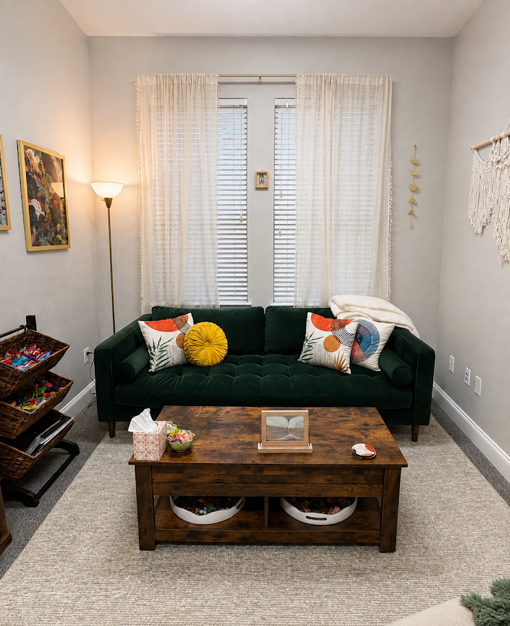 Living room with a dark green sofa, decorative pillows, a wooden coffee table, a window with sheer curtains, a strip mall in the background, and a white wall with wall art and a macrame wall hanging.