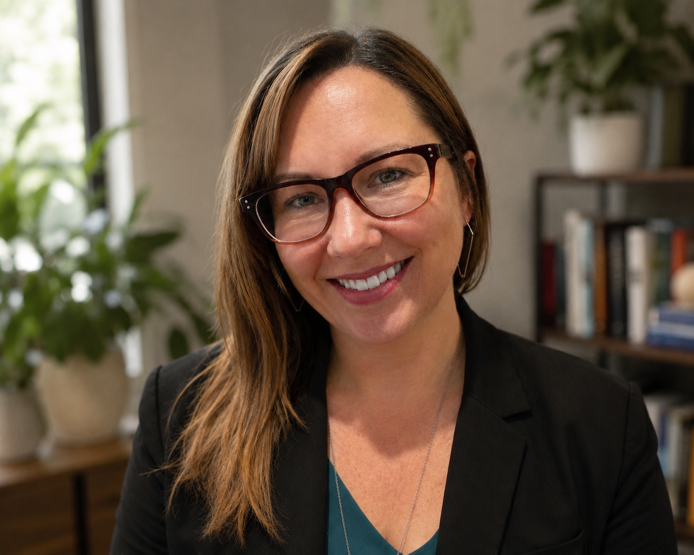 A woman with glasses and shoulder-length hair smiling indoors with a bookshelf and a large plant in the background.