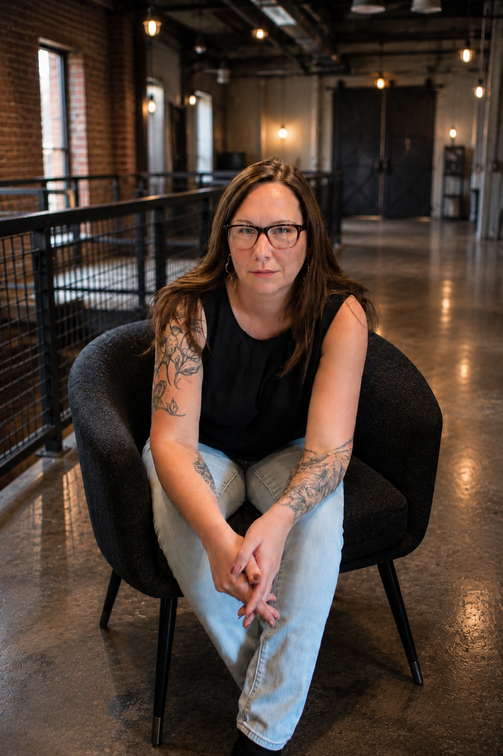 A woman with glasses, long brown hair, and tattoos on her arms, sitting in a black armchair in an industrial-style room with exposed brick walls and warm lighting.