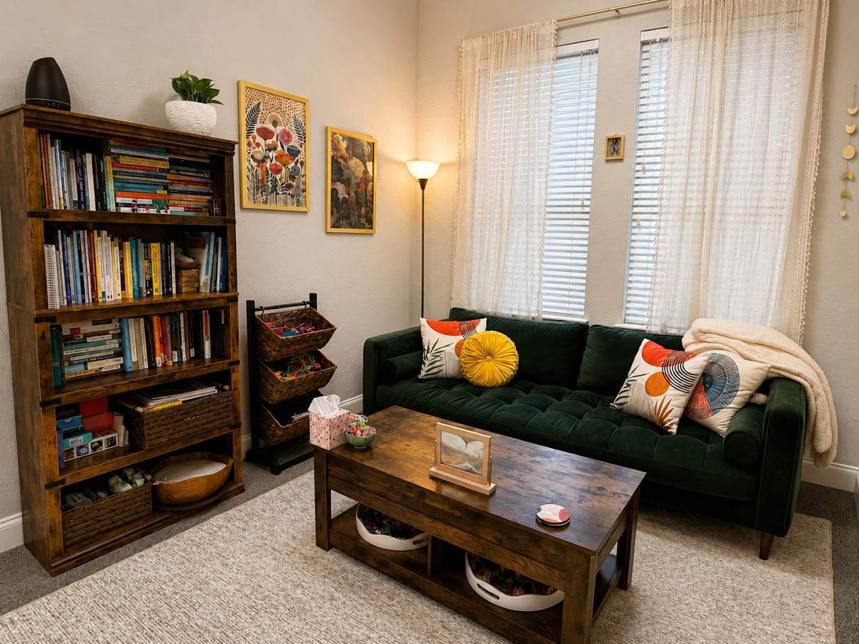 Living room with a dark green sofa, wooden coffee table, tall bookshelf filled with books, decorative pillows, and curtains with sunlight streaming in.