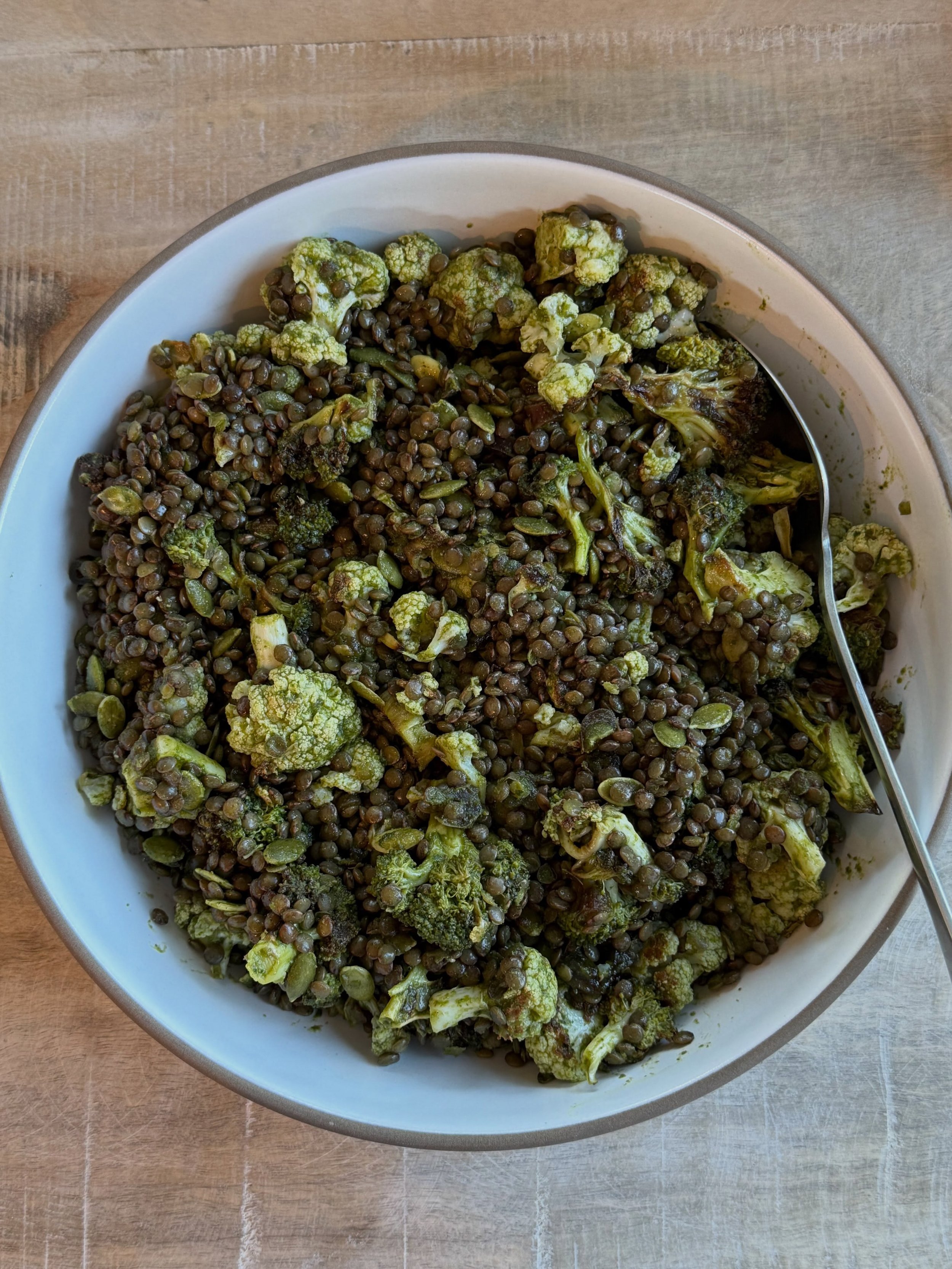 Maybe a little muddy looking in this photo but such a great salad. I&rsquo;m a huge fan of lentils - high in protein, fiber, easily digested, relatively inexpensive. And versatile! This salad also features roasted broccoli and cauliflower, pumpkin se