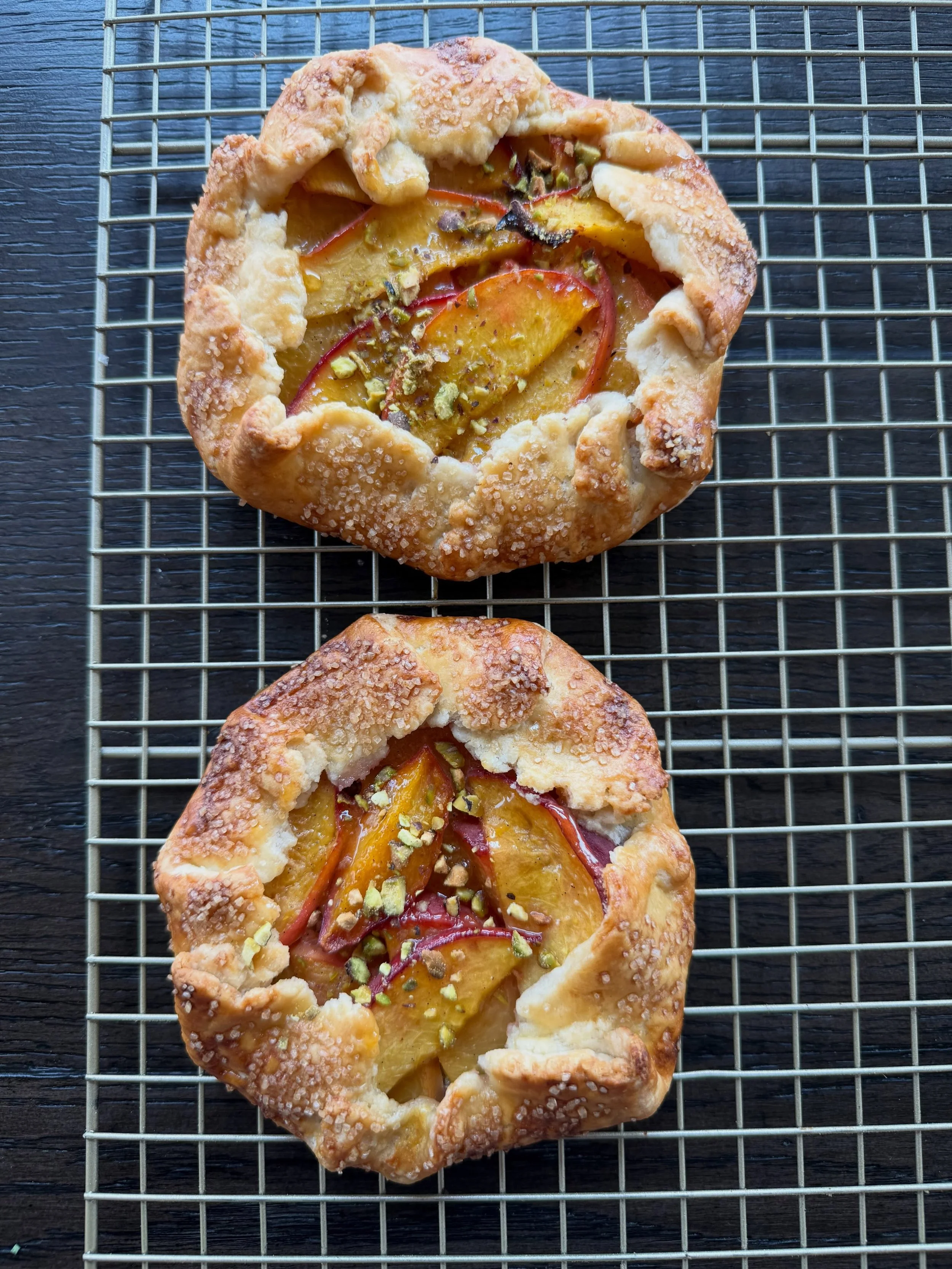 I made 15 of these Mini Peach Galettes today along with 3 focaccia, a large savory galette, and a Maple Milk Bread.