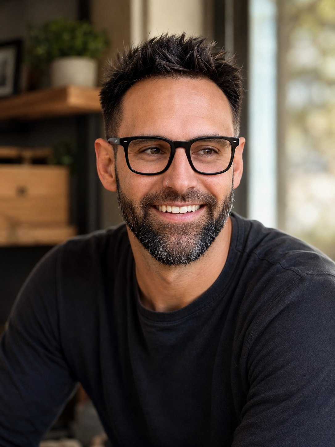 A smiling man with glasses and a beard wearing a black shirt, seated indoors with a blurred background of a bookshelf and window.