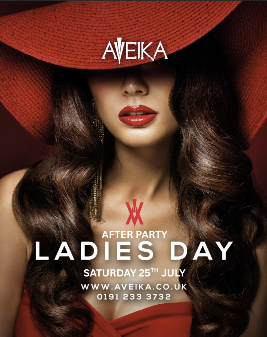 Promotional poster for a ladies' day after party by Aveika, scheduled for Saturday, July 25th, featuring a woman with long brown hair, bold red lipstick, a large red hat, and a red dress, with event details and contact information.