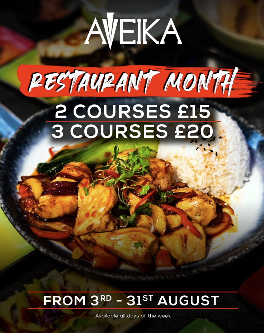 Promotion poster for Aveika restaurant's restaurant month with an Asian dish of rice, chicken, vegetables, and sauce.