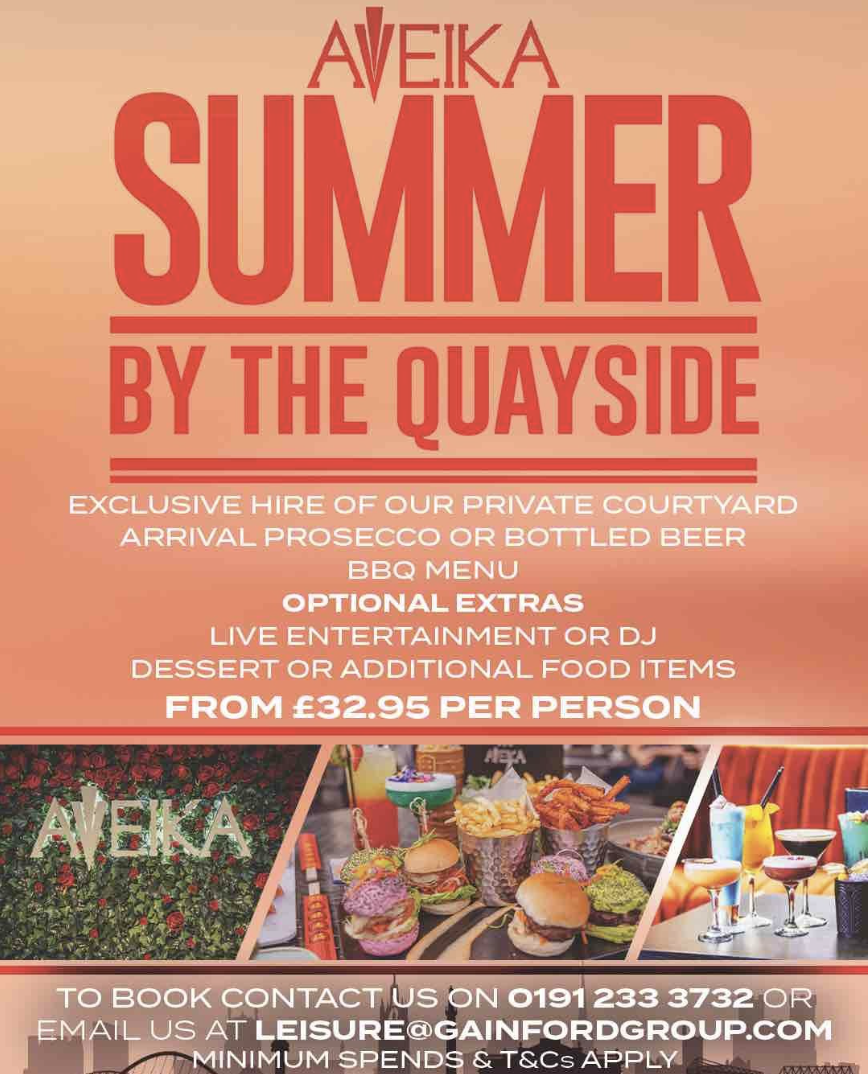 Poster for Aveika Summer by the Quayside event featuring a private courtyard, Prosecco and bottled beer, BBQ menu, entertainment options, and prices starting at 32.95 pounds per person. Includes photos of food and drinks, and contact information for booking.