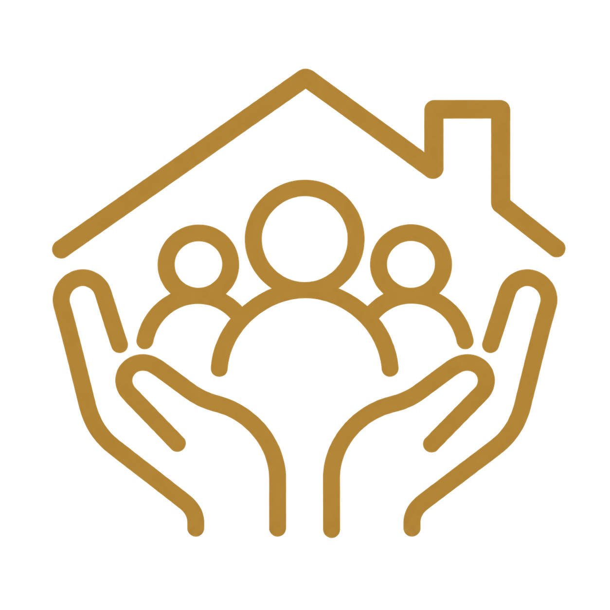 Icon of a house with three people inside, held by two hands, symbolizing community support or housing assistance.