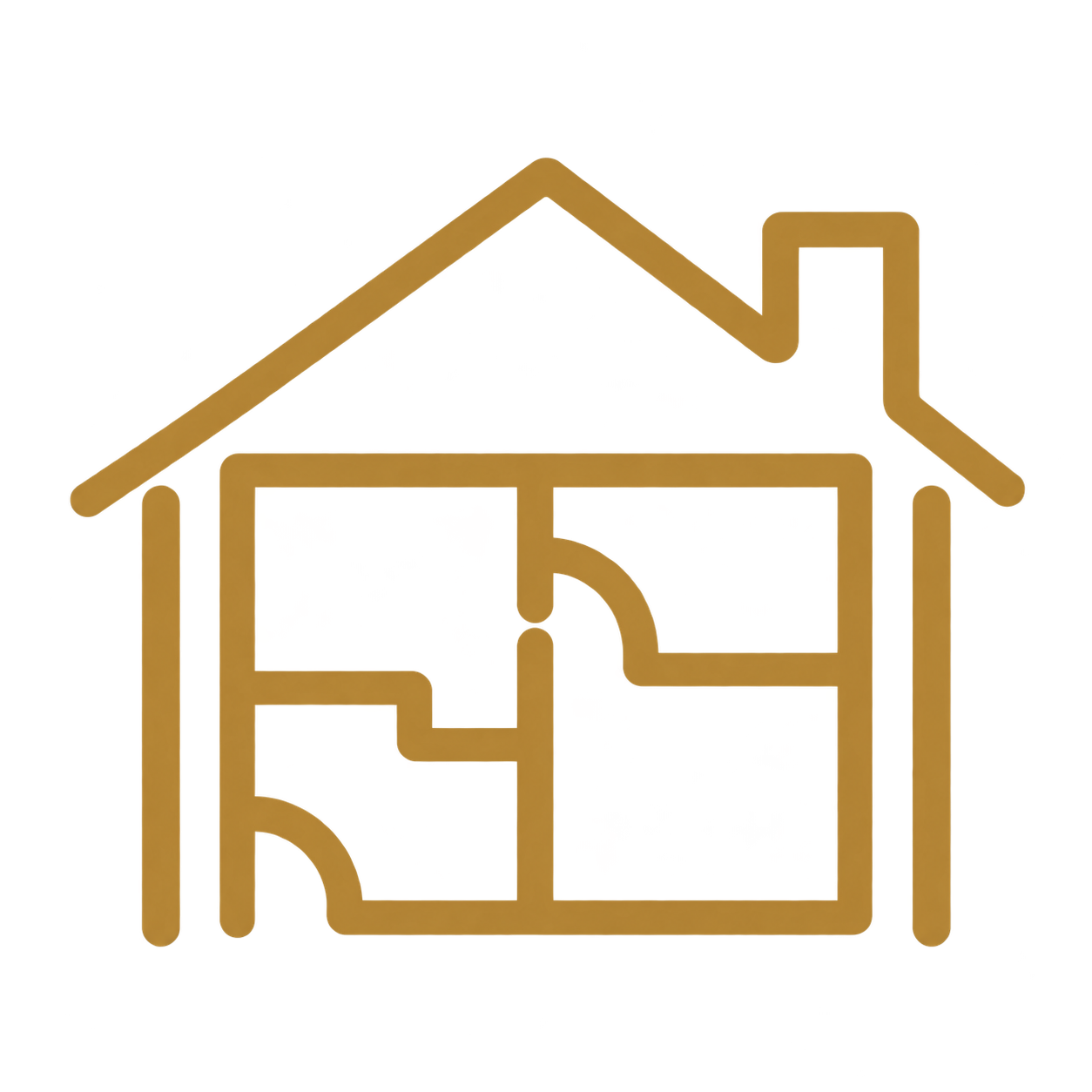 Golden outline of a house with a floor plan inside.