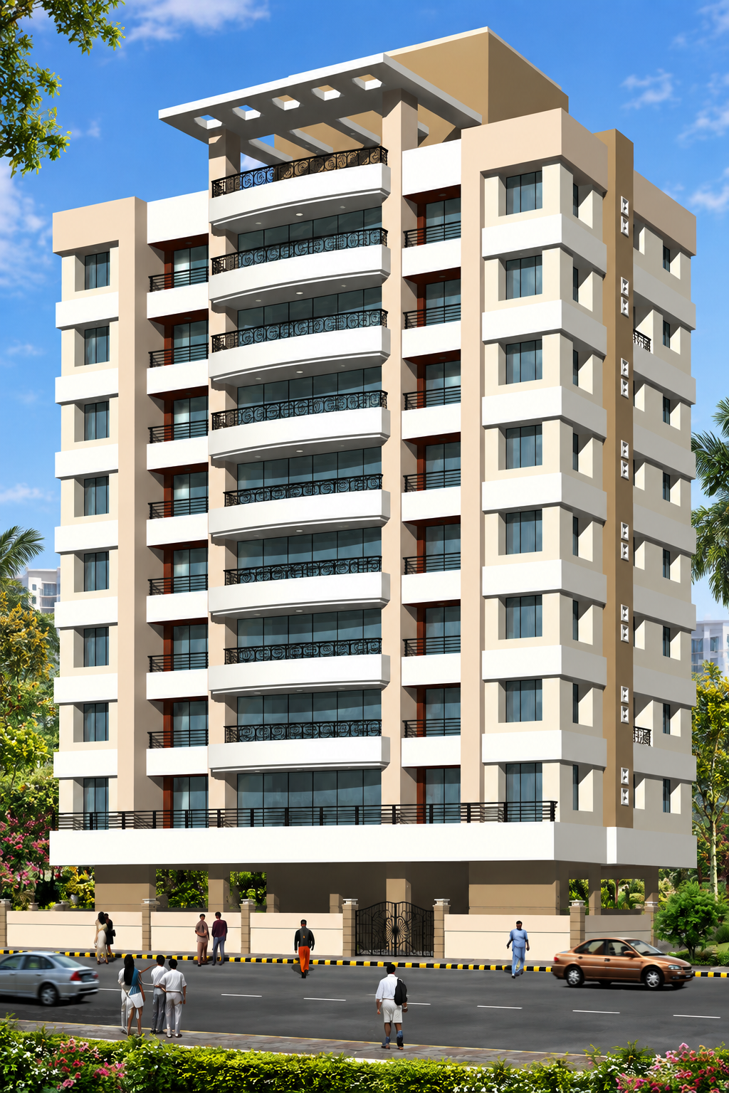 Modern multi-story apartment building with balconies and glass windows, surrounded by trees and a street with pedestrians and cars.