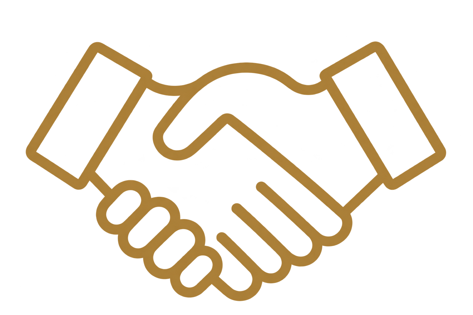 Golden outline of a handshake icon on a black background.